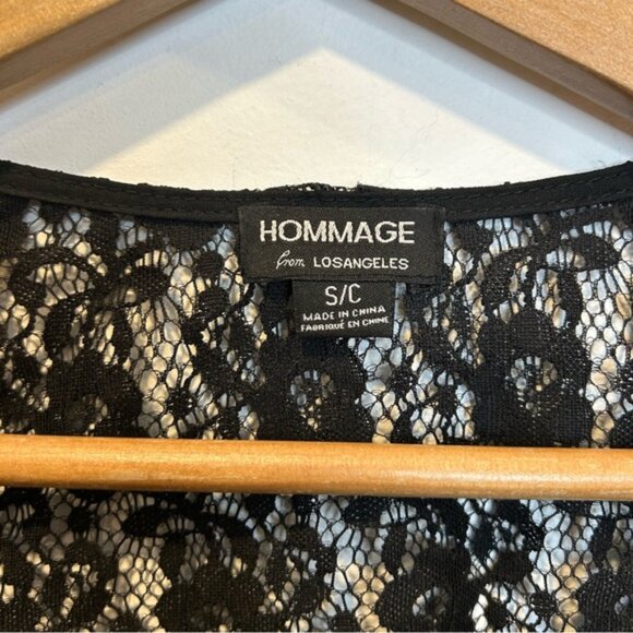 Hommage LA Sheer Lace Back Long Sleeve Crop Top Black Lace Trim - Picture 3 of 6